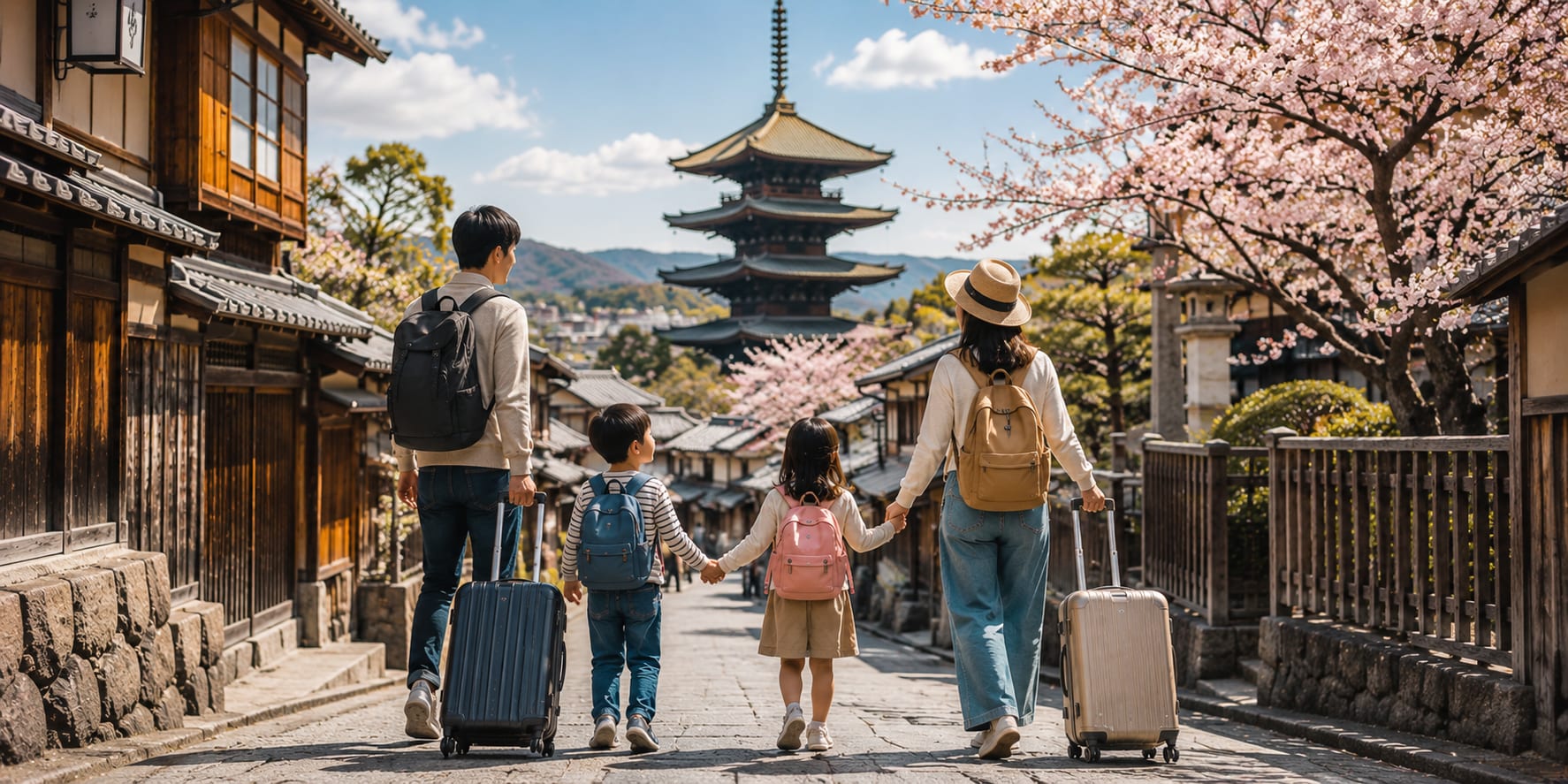 Family with two children and rolling suitcases walking a traditional street toward a pagoda under cherry blossoms